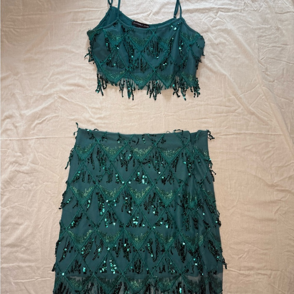 Sincerely Jules Teal Beaded Fringe Crop Top & Skirt Set